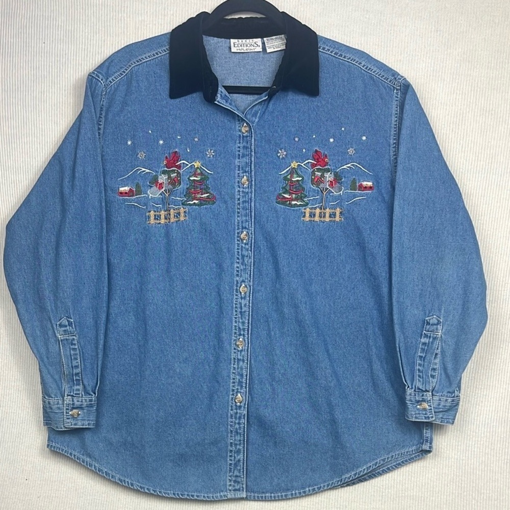 Vintage Basic Editions Holiday Button Front Chambray Top Shirt Winter Size XL
